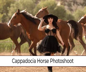Girl in Black Dress with Wild Horse in Cappadocia