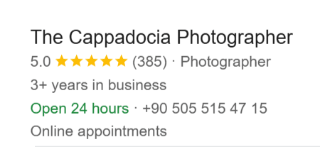 Top-rated local photographer in Cappadocia with highest 385 five-star Google reviews