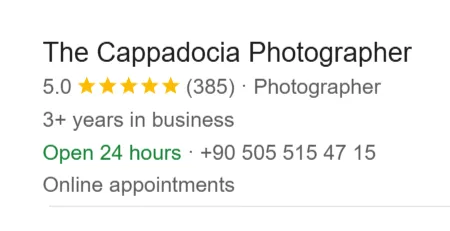 Top-rated local photographer in Cappadocia with highest 385 five-star Google reviews