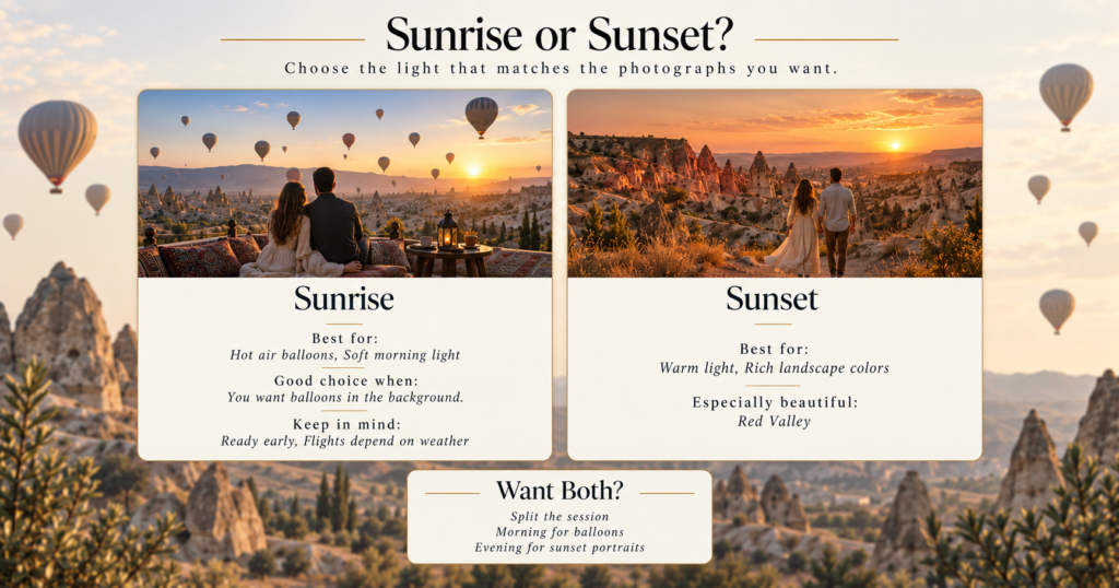 Couple enjoying a romantic sunrise and sunset photography session